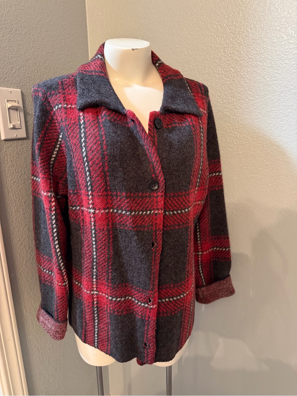 J. Jill Red & Gray Plaid Wool Blazer